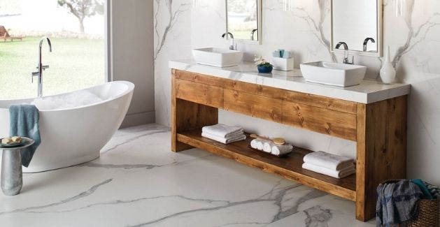 porcelain flooring in a modern, nature-inspired bathroom